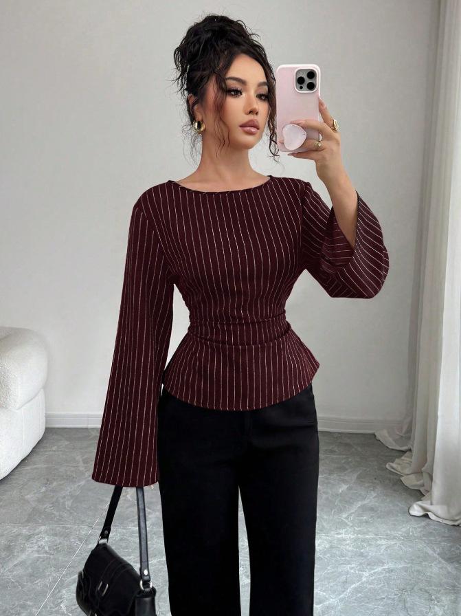Women S Autumn Striped Flared Sleeve Round Neck Casual Shirt