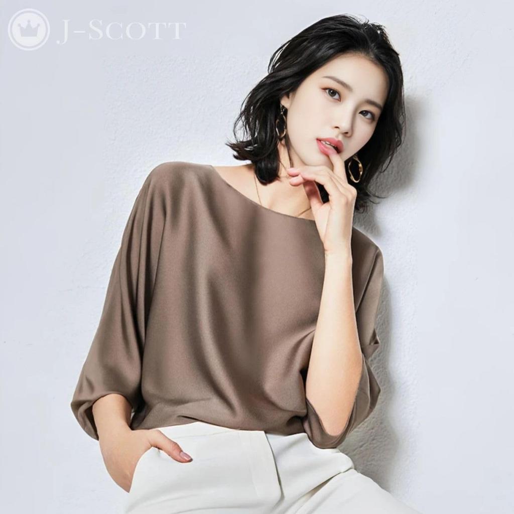 J-Scott Women's Silky-Touch Satin-Like Pullover Blouse, 3/4 Sleeves, Round Neck, Brown, JS12-BR-XL