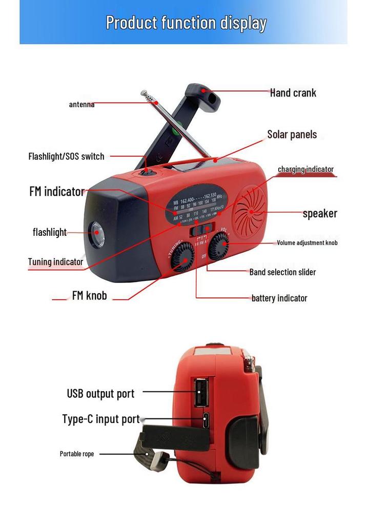 Portable Hand-Crank Solar Emergency Radio with SOS Alarm, Waterproof IPX3
