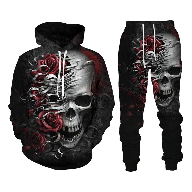 Vintage Gothic Skull Pattern 3D Print Men Tracksuit Sets Casual Hoodie+Pants 2pcs Sets Oversized Sweatshirt Trend Men Clothing