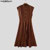 INCERUN Men Stand Neck Sleeveless Splits Irregular Casual Pleated Long Waistcoats