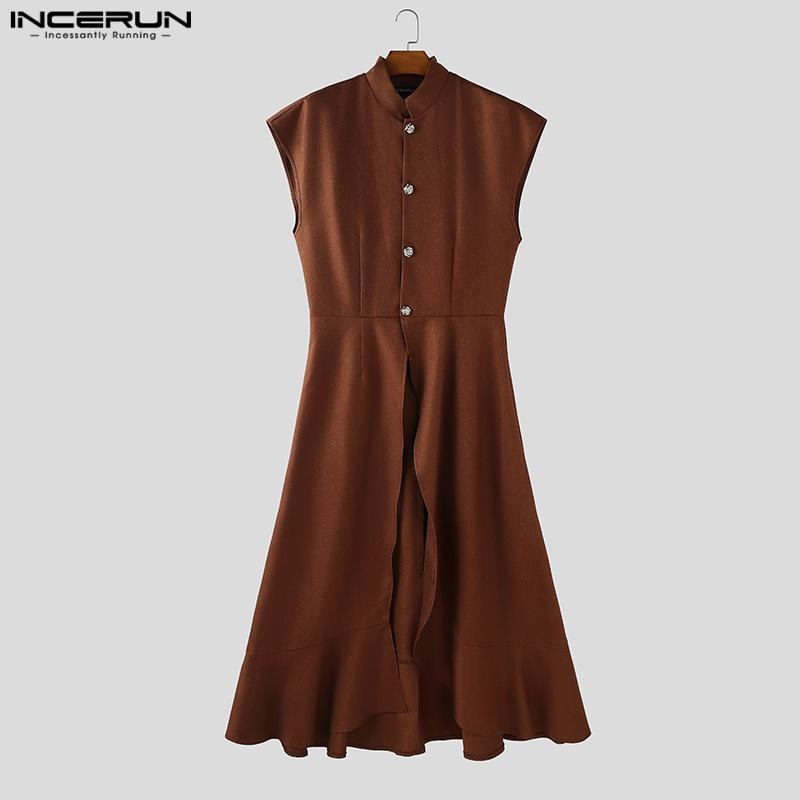 INCERUN Men Stand Neck Sleeveless Splits Irregular Casual Pleated Long Waistcoats