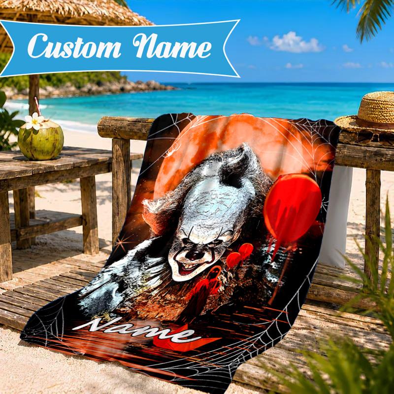 Custom Name Clown Horror Microfiber Beach Towel, Quick-Dry, for Summer Travel, Beach Essential, Picnic Essentials, Swimming Pool