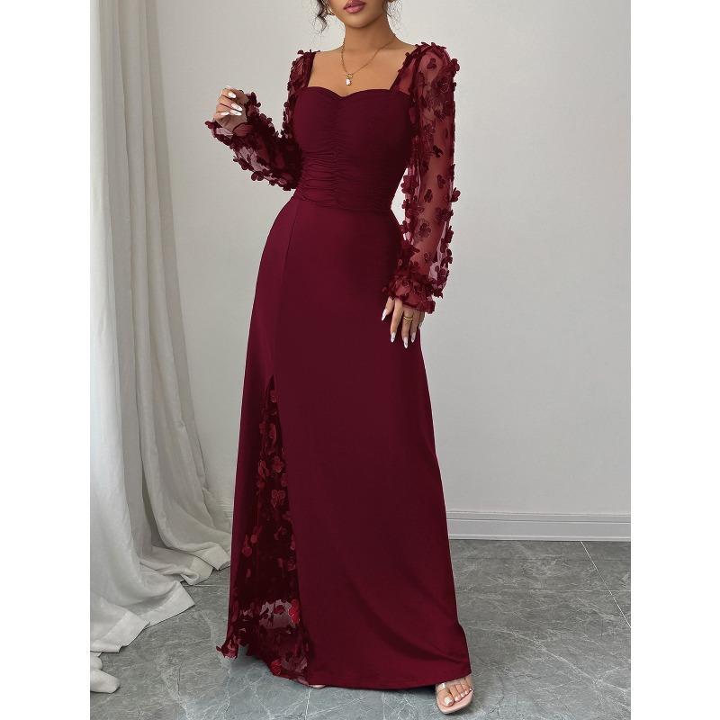 

VEZFAA Women s Fashion Spring Fall Solid Color Print Long Sleeve Square Collar Loose Waistlinet Casual Dresses XL бордовий