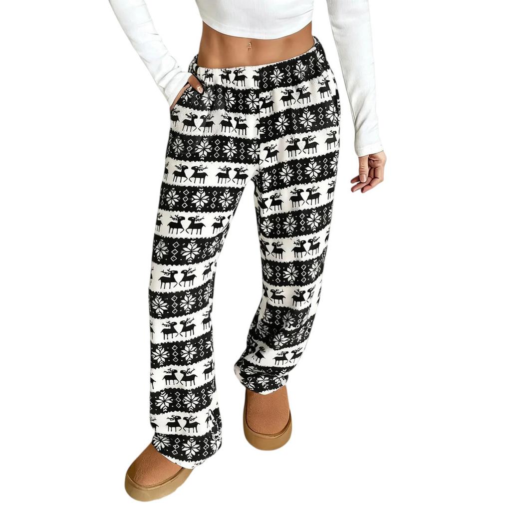 Women Pajama Pants Plush Sleep Pants Soft Elastic Waist Pajama Bottoms Patterned Pants With 2 Pockets