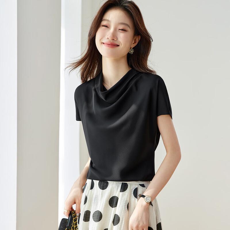 Srcr 22 Momme Silk Drape Neck Short Sleeve Top