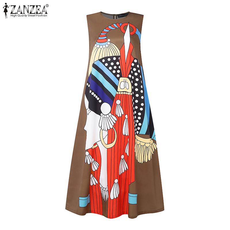 ZANZEA Women Printing Casual Round Neck Sleeveless Summer Dress