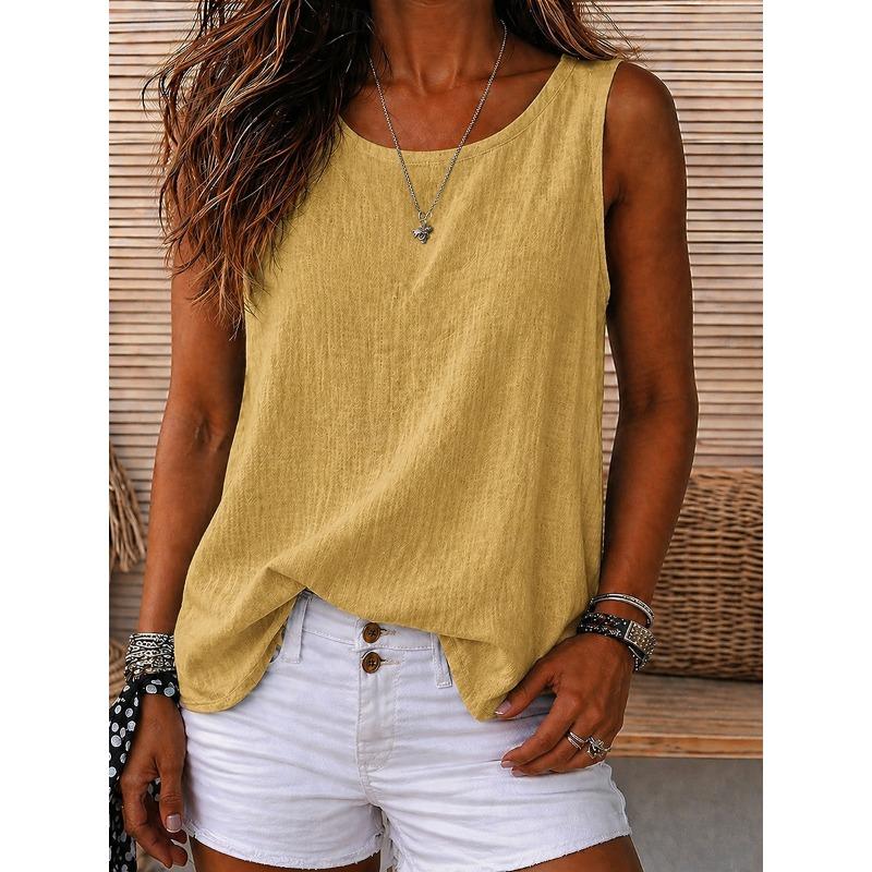 Women's Vintage Washed Round Neck Sleeveless Tank Top Casual Black White Sky Blue Orange Violet Summer Spring