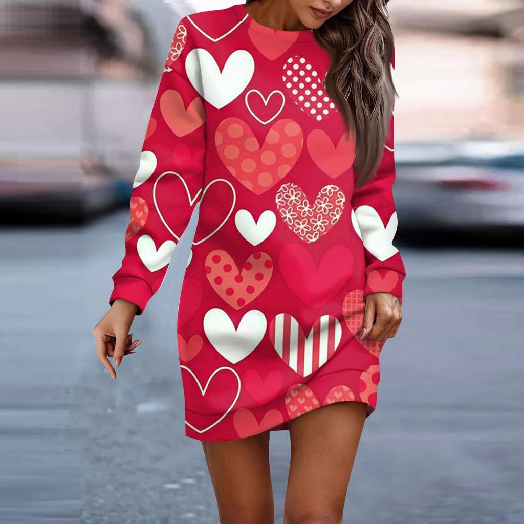 Women's Round Neck Casual Long Sleeved Valentine's Day Fashion Couple Date Dress