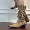 Retro Western Cowboy Booties High Tube Women's Boots Khaki Long Boots Faionable Korean Sle Flat Heel Daily Wear autumn