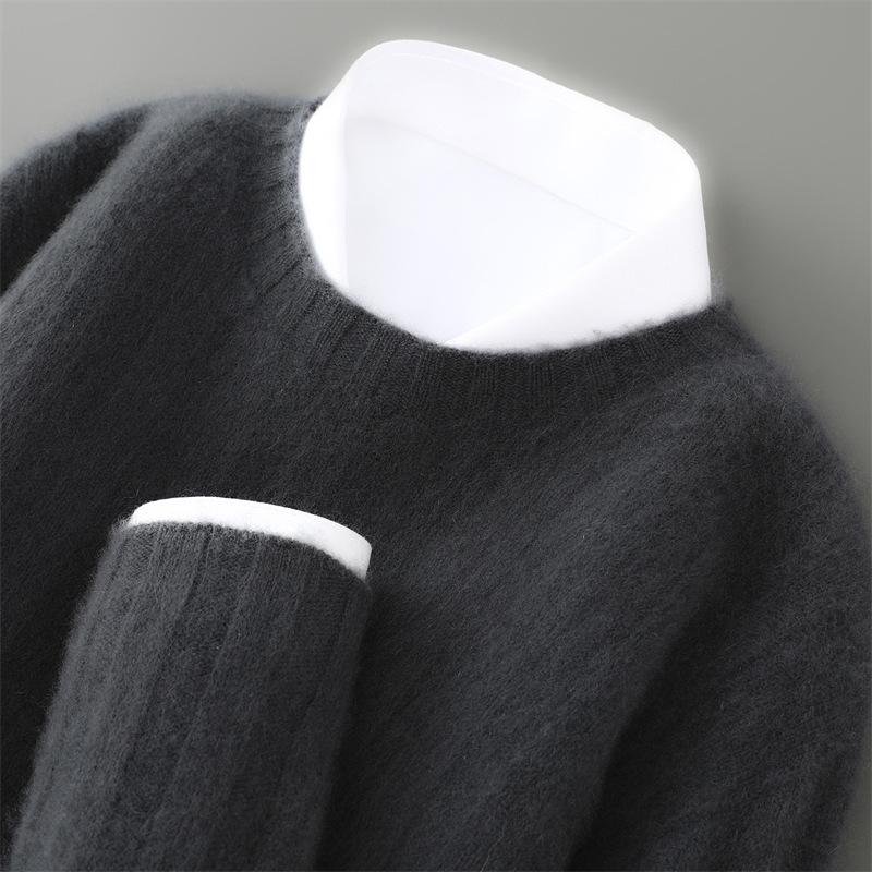 Men s 100% Pure Wool Ribbed Knit Sweater - Round Neck, Thickened, Casual Loose Fit for Autumn and Winter Medium