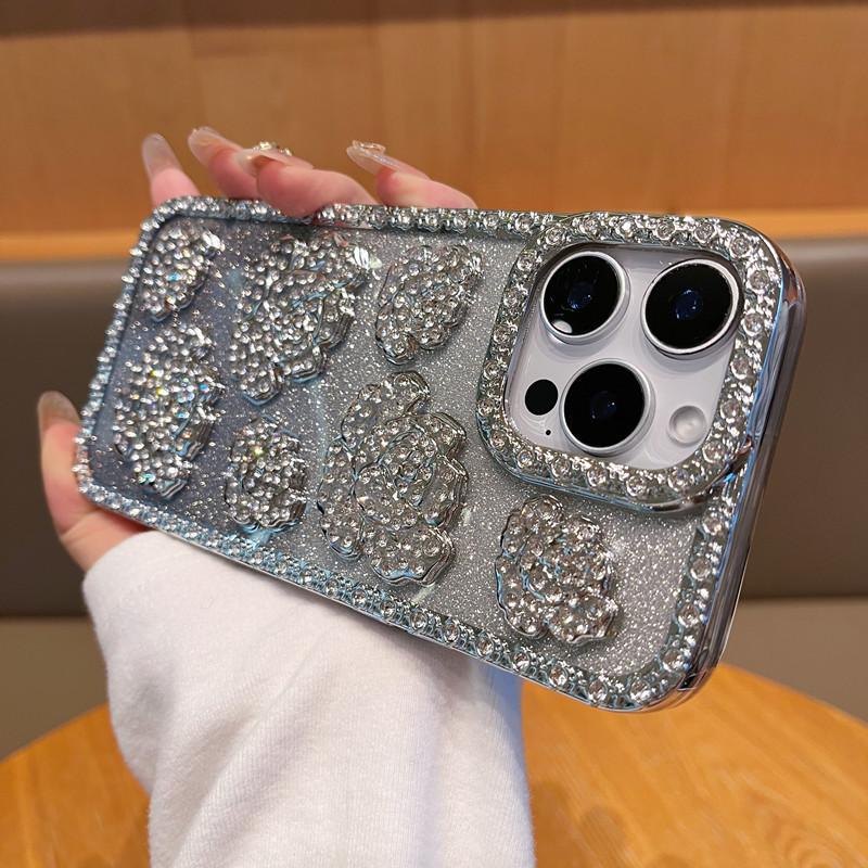 Applicable To IPhone16ProMax Rose Mobile Case Inlaid with Rhinestones Apple 15 Luxury Electroplating 14 Protective Case