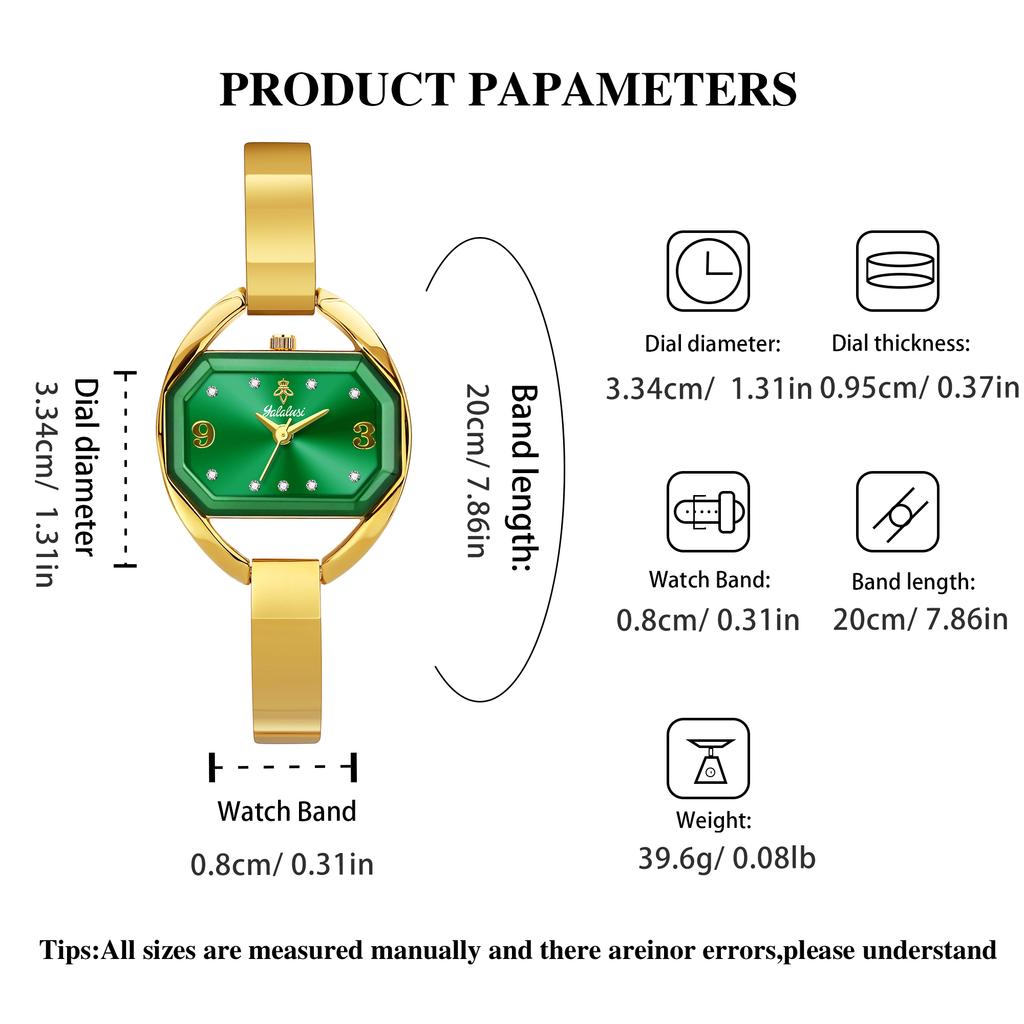 YaLaLuSi Elegant Gold Bangle Ladies Watch Green Dial Tiny Crystal Index Quartz Wristwatch Vintage Watch Premium Gift Box