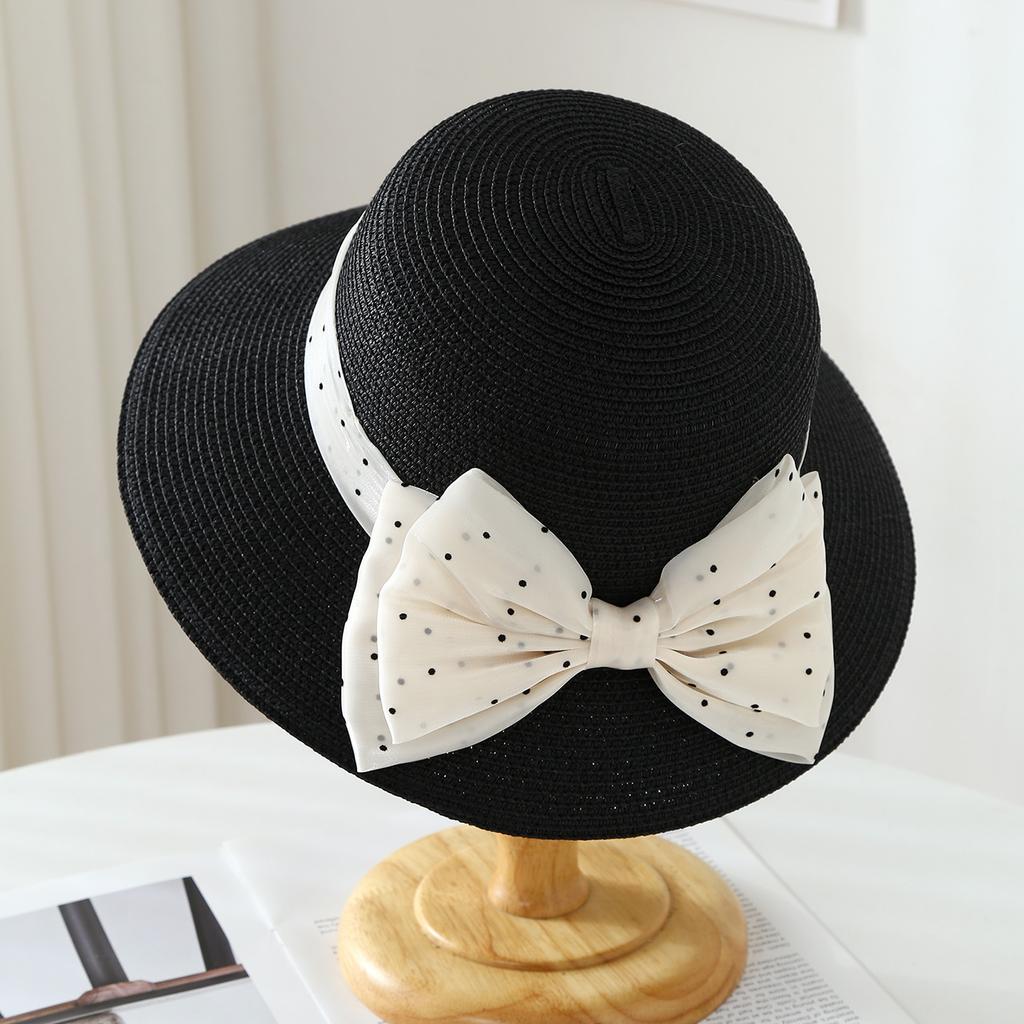 Sunscreen straw hat seaside beach hat, Japanese and Korean polka dot bow straw hat sun hat big brim bucket hat women