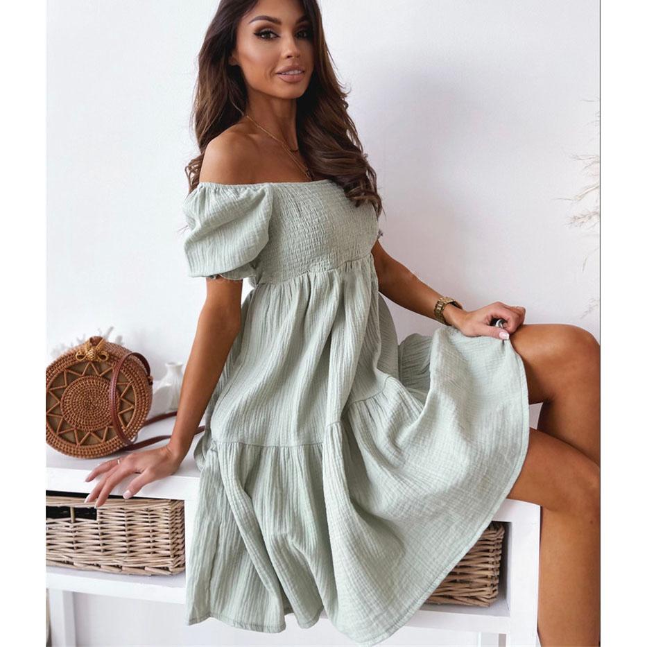 Damen Casual Off Shoulder Minikleid Sommer Damen Reine Farbe Slash Neck Kurzarm Partykleider