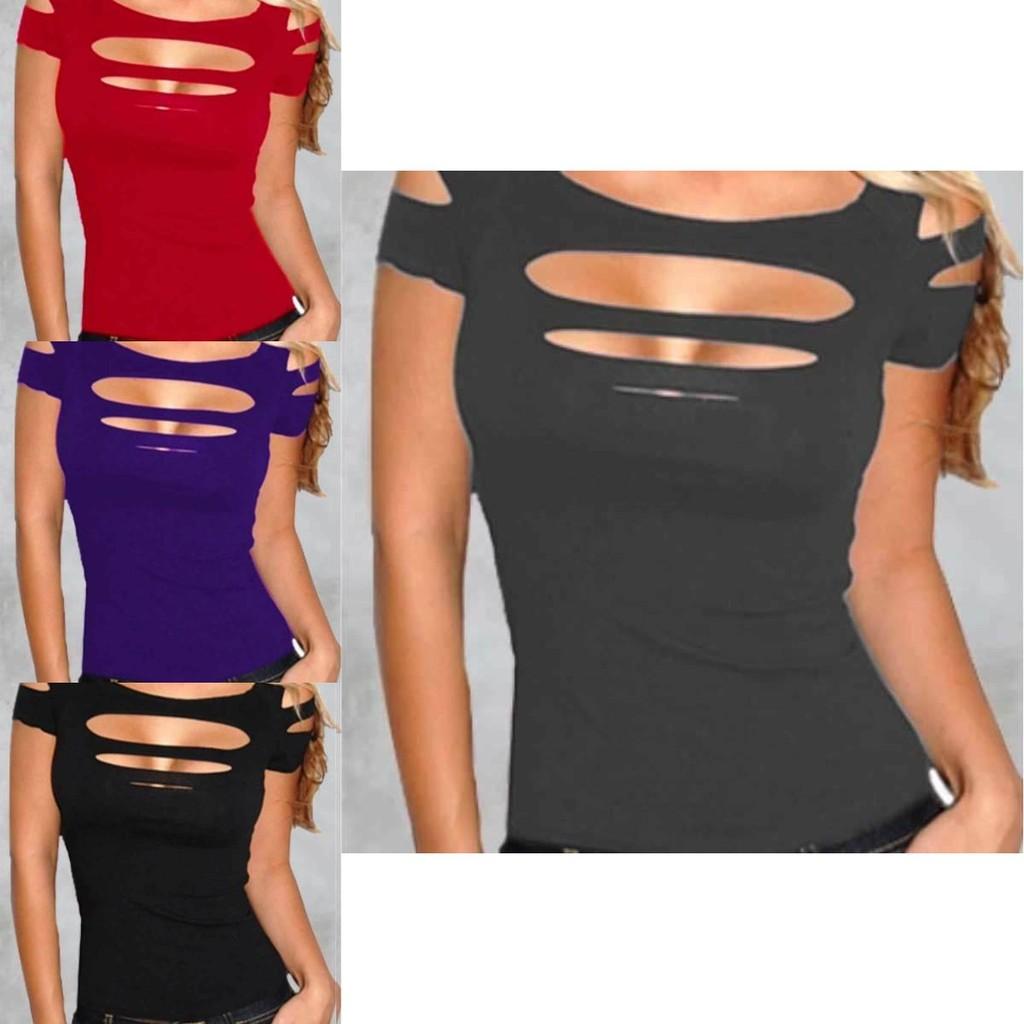 Premium Quality Summer Women's T-shirt Short Sleeve Broken Style Stretch Blouse For Nightclub