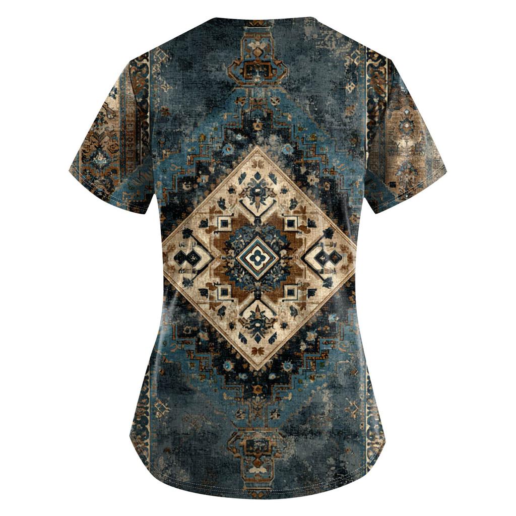Plus Size Printed Scrub Working Uniform Tops For Women's V-Neck Print Short Sleeve Fun T-Shirts Workwear Tee With Pockets