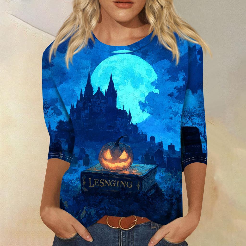 Women's Casual Round Neck Three Quarter Sleeve Halloween Print T Shirt Top Lightweight Soft Fabric Comfortable Fit
