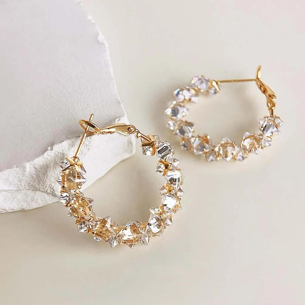 Luxury Geometric Crystal Circle Earrings for Women Elegant Temperament High-End Zircon Hoop Earring Daily Commuting Fine Jewelry