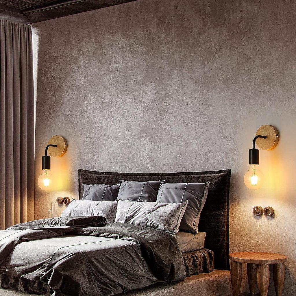 Modern Minimalist Iron Wall Lamp With Wooden Base For Bedroom Living Room Decor
