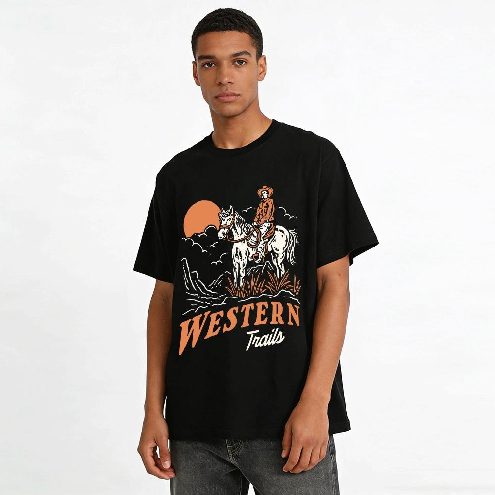 Western Trails Sonnenuntergang Cowboy Reiten Grafik Vintage Lässiges T-Shirt Reines Baumwoll-T-Shirt