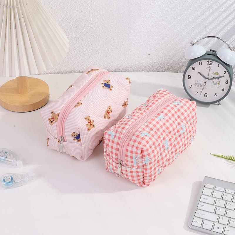 Cute Plaid Bow Bear Pen Case Cosmetic Bag Girly Makeup Storage Bag Portable Large Capacity Organizer Bag Student Stationery Gift