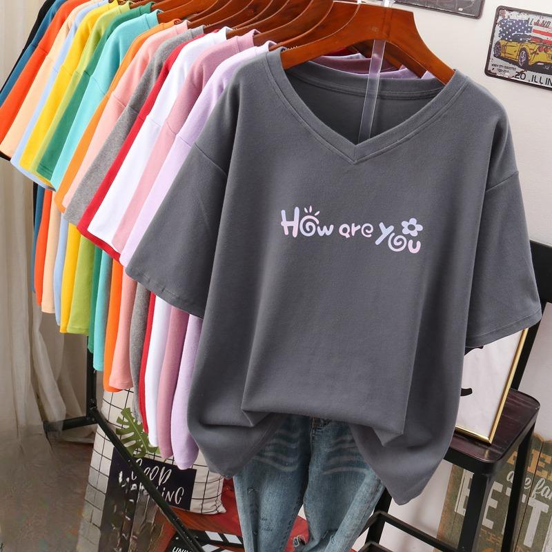 Camiseta de manga curta, Solta, Top V-neck Estampado Emagrecedor para Mulheres