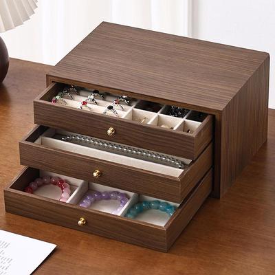Walnut Multi-Layer Wooden Jewelry Box - Dustproof Organizer for Earrings, Rings, and Necklaces