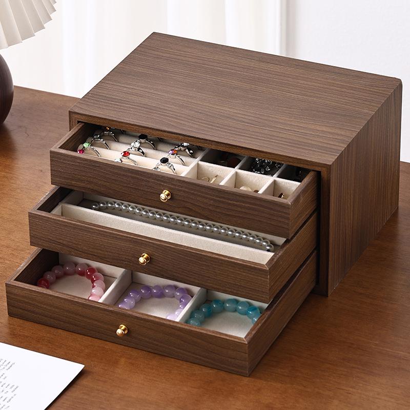 Walnut Multi-Layer Wooden Jewelry Box - Dustproof Organizer for Earrings, Rings, and Necklaces