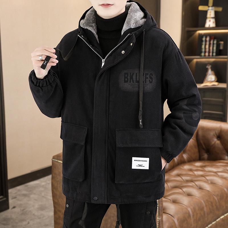 Trendy Mid-Length Men’s Winter Denim Parka with Plus Velvet Hood