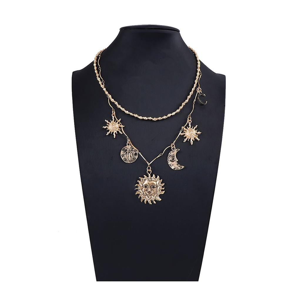 Personalized Retro Trend Design Sense Alloy Sun Moon Pendant Double Layer Stacked Chain Women's Necklace