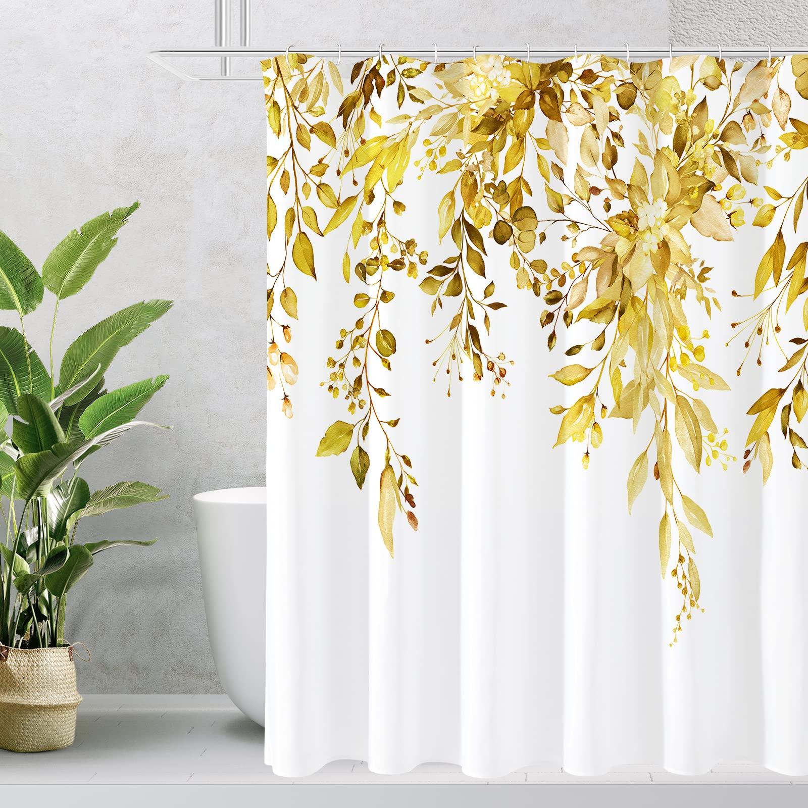 VIKAMA Gold Leaf Watercolor Shower Curtain Nordic-inspired Modern Minimalist Bathroom Luxurious and Sophisticated 90X180C(3X5.9FT)