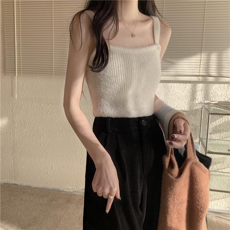 Women's Mink Velvet Knit Sleeveless Camisole, Autumn/Winter Base Layer, Sexy Plain Color Vest.