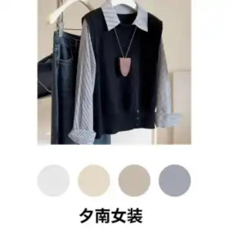 Autumn Winter Korean Commuting Splicing Striped Short Top Polo Collar Fake Two-piece Long-sleeved Sweater for Women