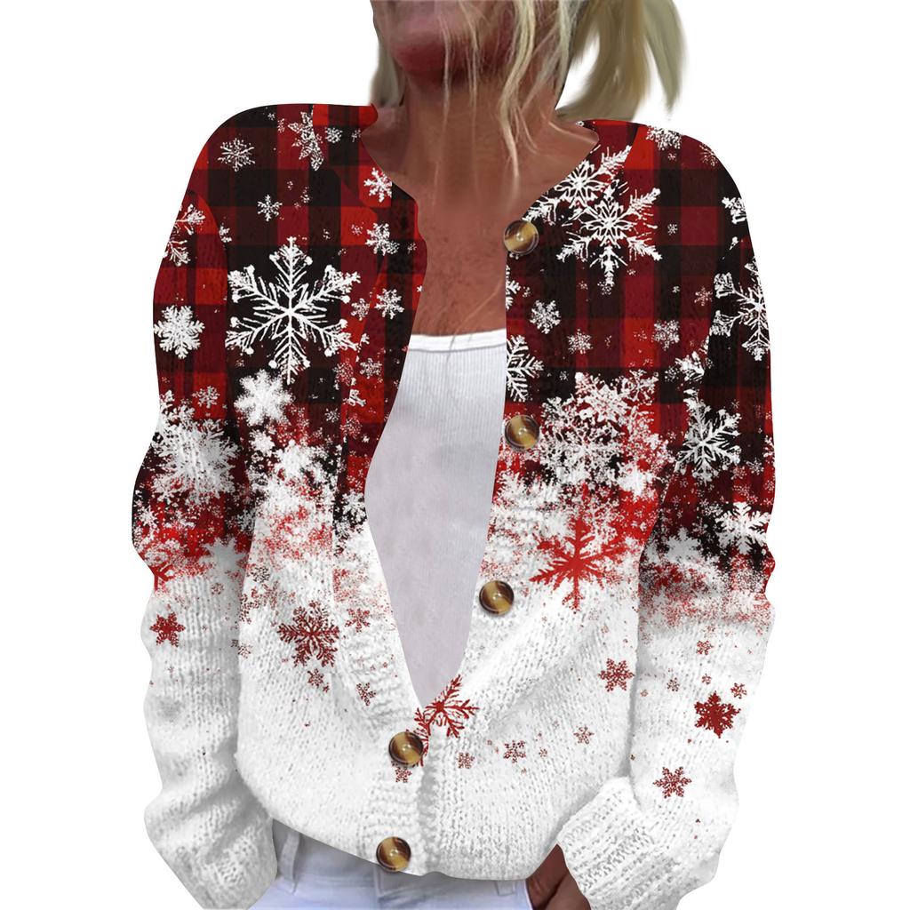 Cardigan tricoté à manches longues et imprimé de Noël pour femme, veste boutonnée