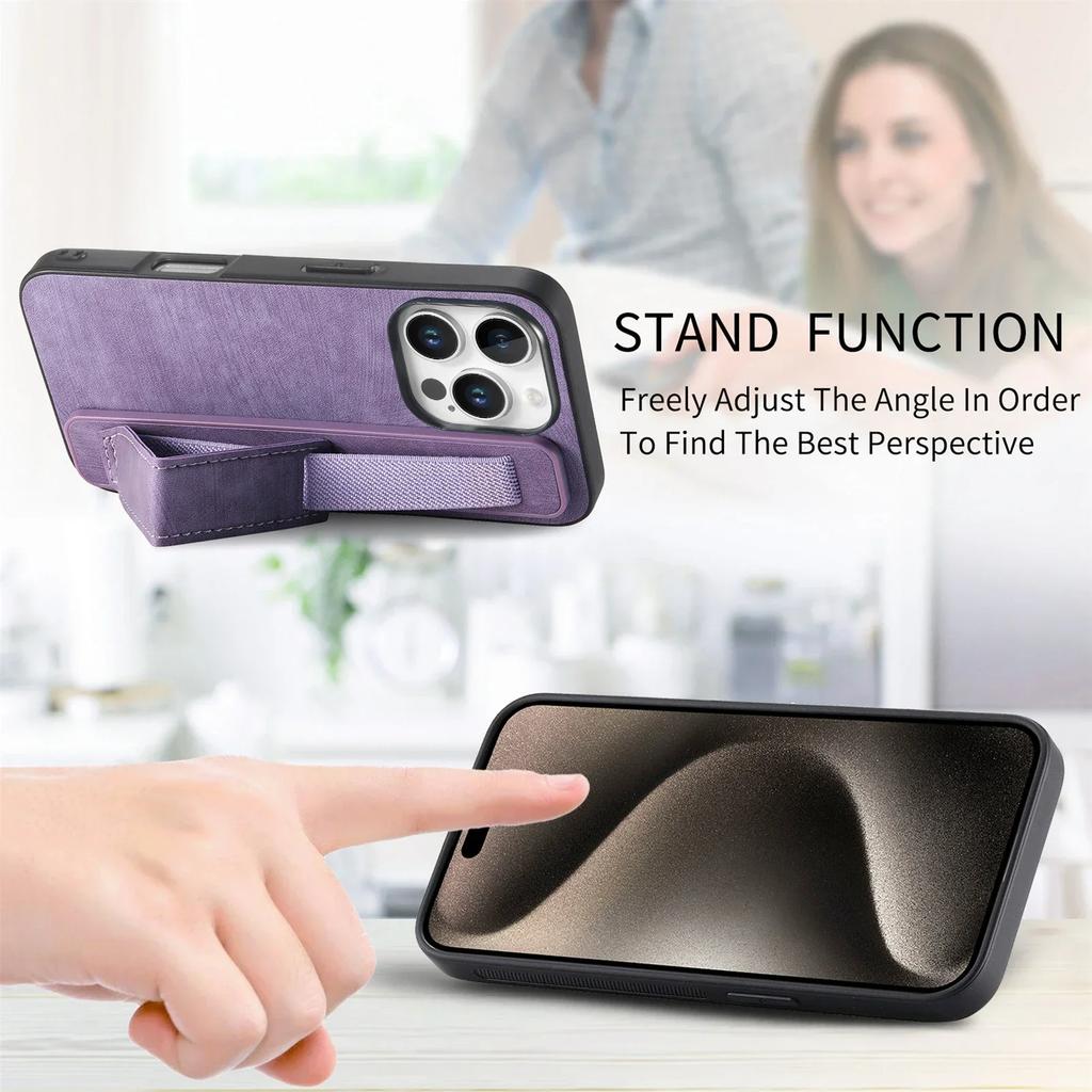 Kickstand Wrist Strap Leather Phone Case for iPhone 16 15 Pro Max Plus SE 2025 Shockproof Protective Cover