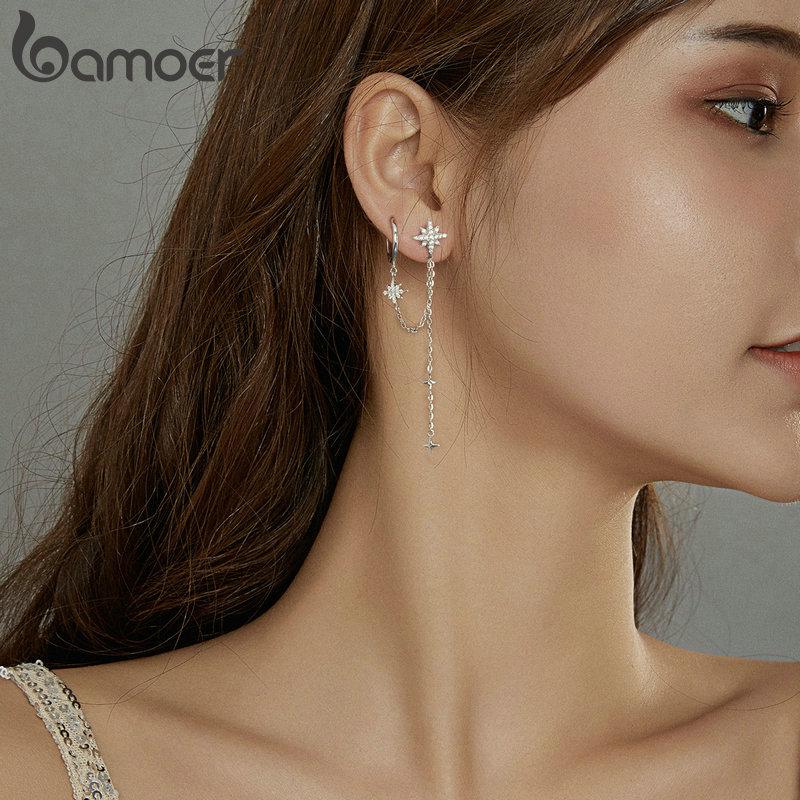 Bamoer Authentic 925 Silver Asymmetric Star Drop Earrings Clear CZ Stud Earring for Women Birthday Gift Jewelry BSE433
