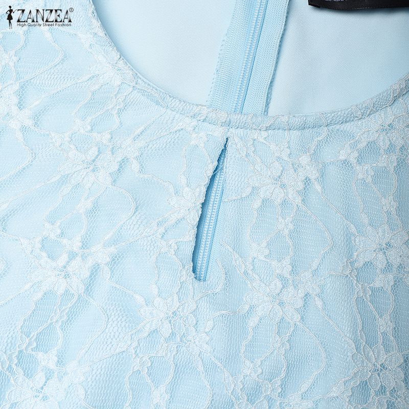 ZANZEA Women Casual Round Neck Lace Patchwork Elegant Short Sleeve Dress