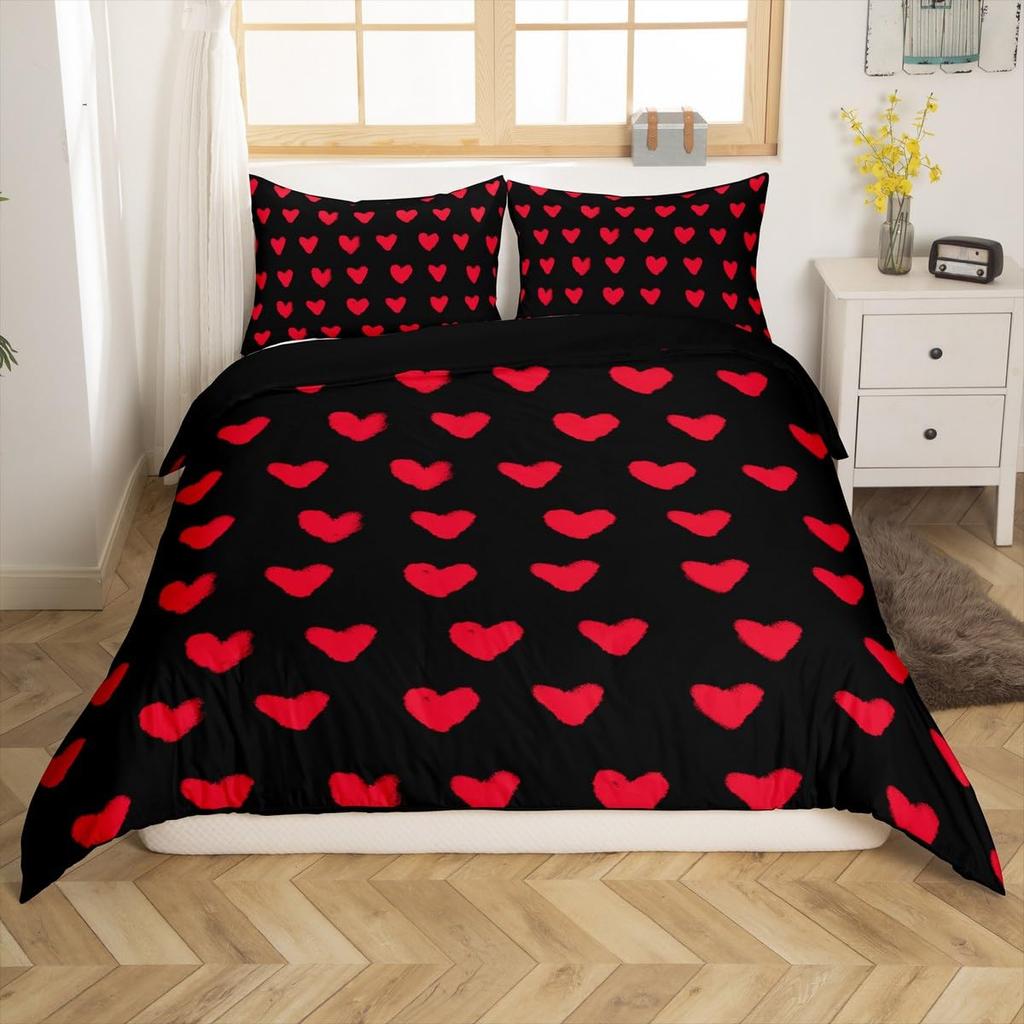 Red Love Heart Duvet Cover For Couples,Bow Romantic Bedding Set Valentines Day Loving Hearts Quilt Cover Wedding Comforter Cover