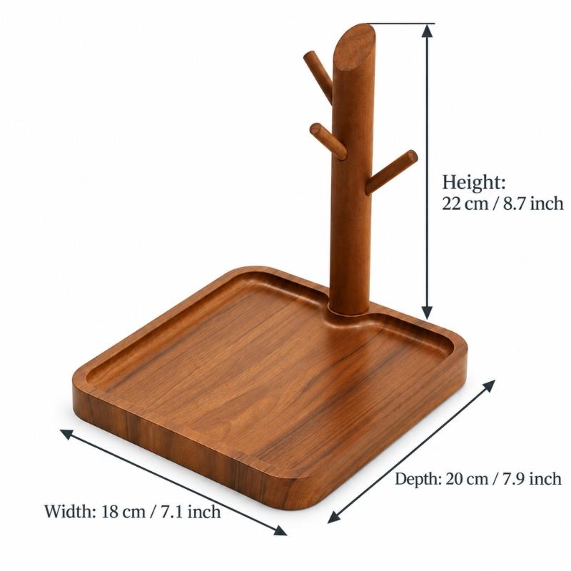 Entryway Key Holder and Jewelry Stand with Branched Hanging Pegs, Recessed Tray, and Removable Solid Wood Post