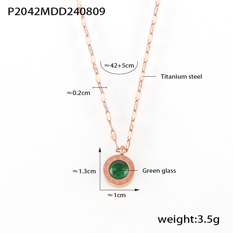 Rose Gold Roman Numeral Emerald Glass Pendant Necklace for Women - Retro Titanium Steel Clavicle Chain