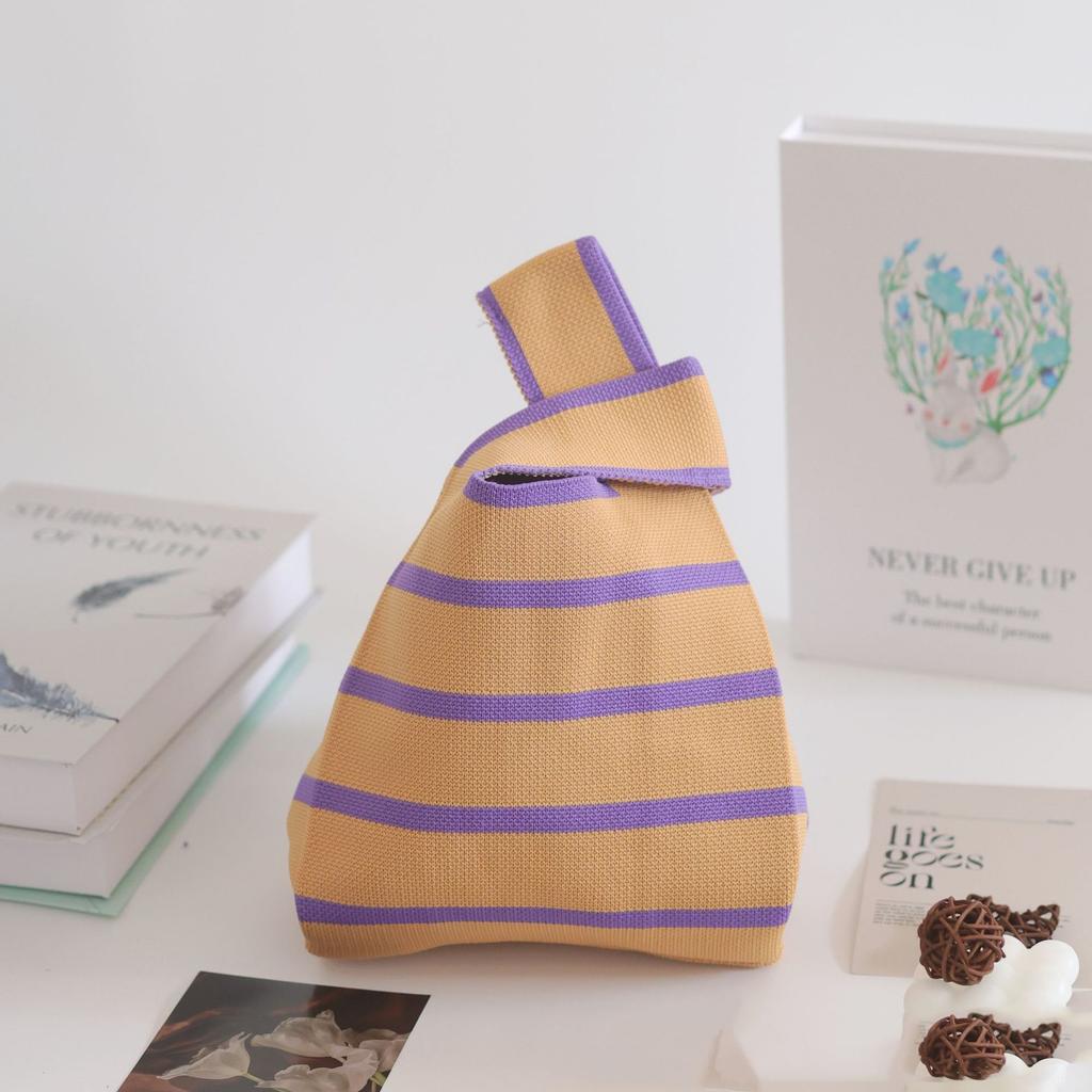 Women's Knot Wrist Bag Handmade Knitted Bag Portable Mini Striped Tote Bucket Phone Bags Large Capacity Autumn Winter Handbags