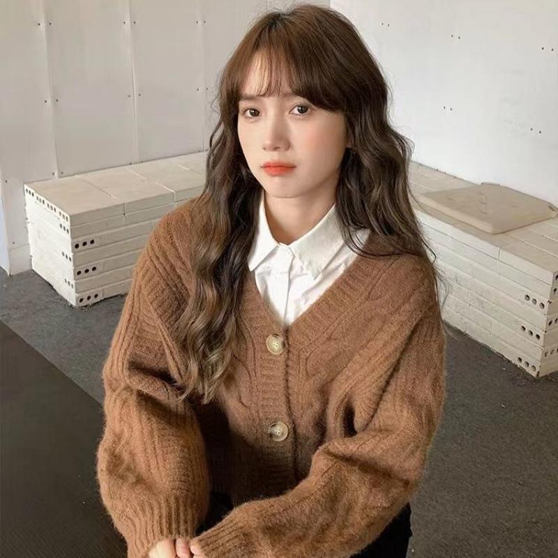 V-neck Twist Sweater Women's Loose Short Autumn and Winter Japanese Style Lazy Cardigan Top for Small People