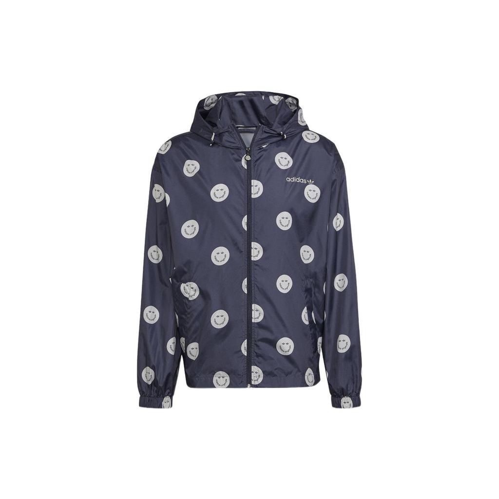 Adidas Originals Trefoil Cartoon Smile Full Print Casual Hooded Sports Jacket Men Jacket Dark-Navy HN0394