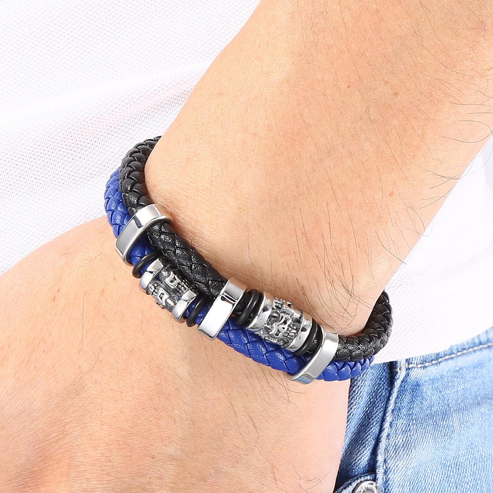 Vintage Skull Multilayer Genuine Leather Bracelet Men Stainless Steel Norse Runes Bangle Jewelry