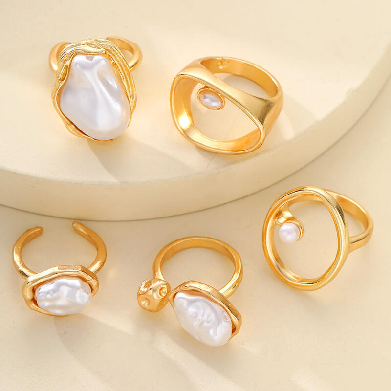 5Pcs/Set Irregular Baroque Imitation Pearl Rings for Women Ladies Geometric Gold Color Rings Vacation Style Jewelry Accessories