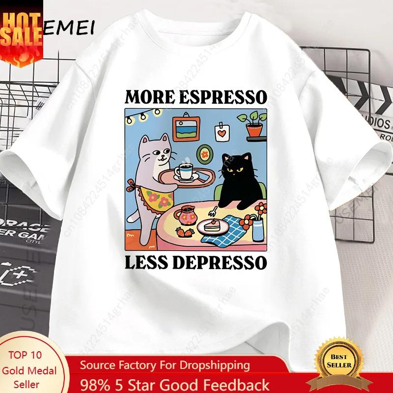 More Espresso Less Depresso Black Cat Tshirt Unisex Unisex Funny Coffee Cat T Shirt Casual Summer Cotton Short Sleeve Tshirt Tops