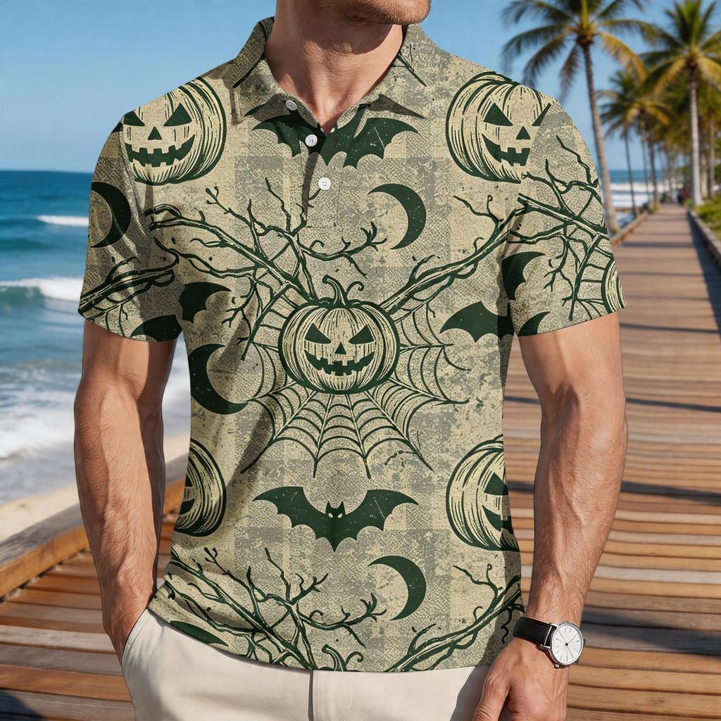 Men Halloween Print Casual Short Sleeve Shirt with Pumpkin Bat and Leaf Patterns Lightweight Button Down Top