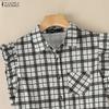 ZANZEA Women Casual Turn Down Collar Sleeveless Plaid Print Blouse