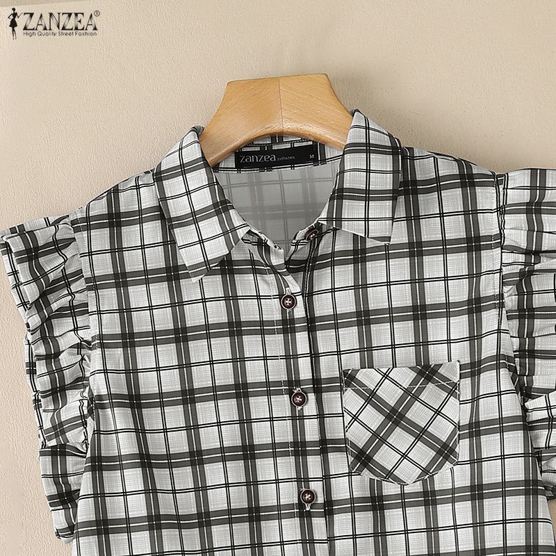 ZANZEA Women Casual Turn Down Collar Sleeveless Plaid Print Blouse